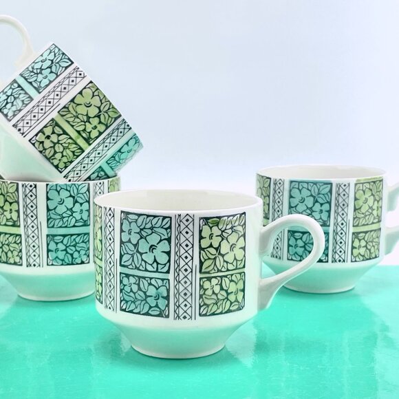 Vintage 60s Broadhurst England mugs, cream teal green, Corinth pattern, set of 4 - Picture 1 of 9
